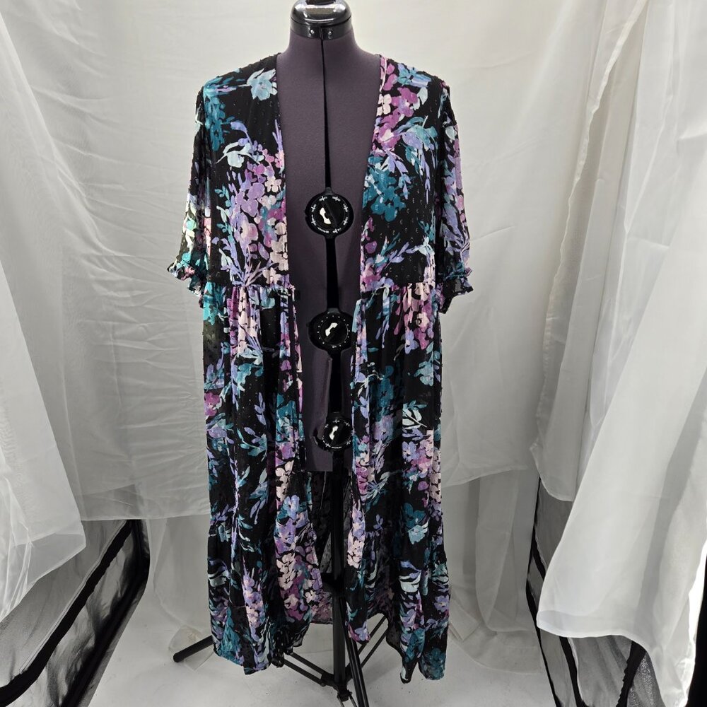630-24 Torrid Maxi Swiss Dot Floral front tie Kimono Duster Size 2 (16/18) - Picture 2 of 12